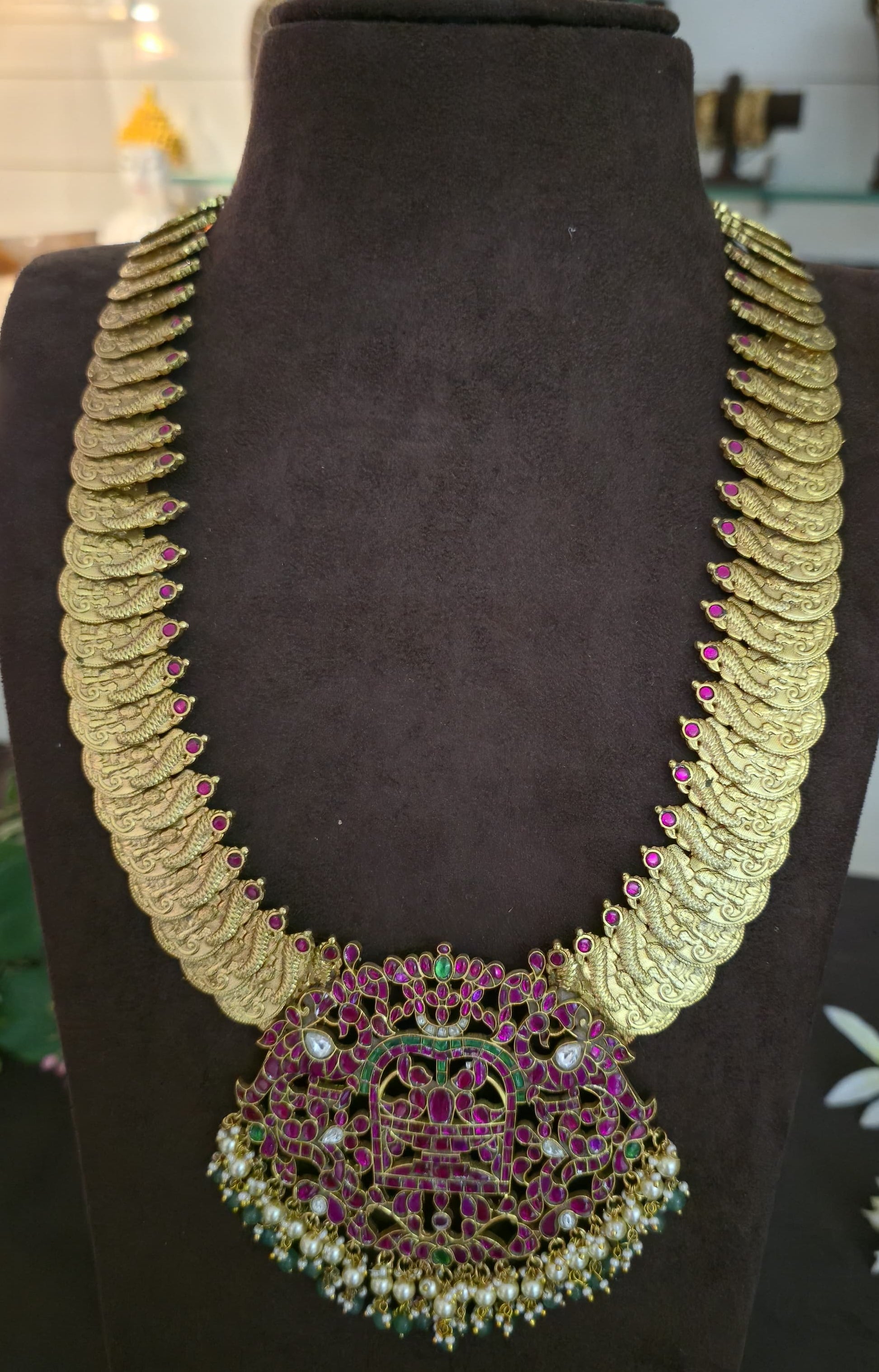 Antique Nakshi Kasu Haram with Big Size Jadu Kundan Locket  - SV3124