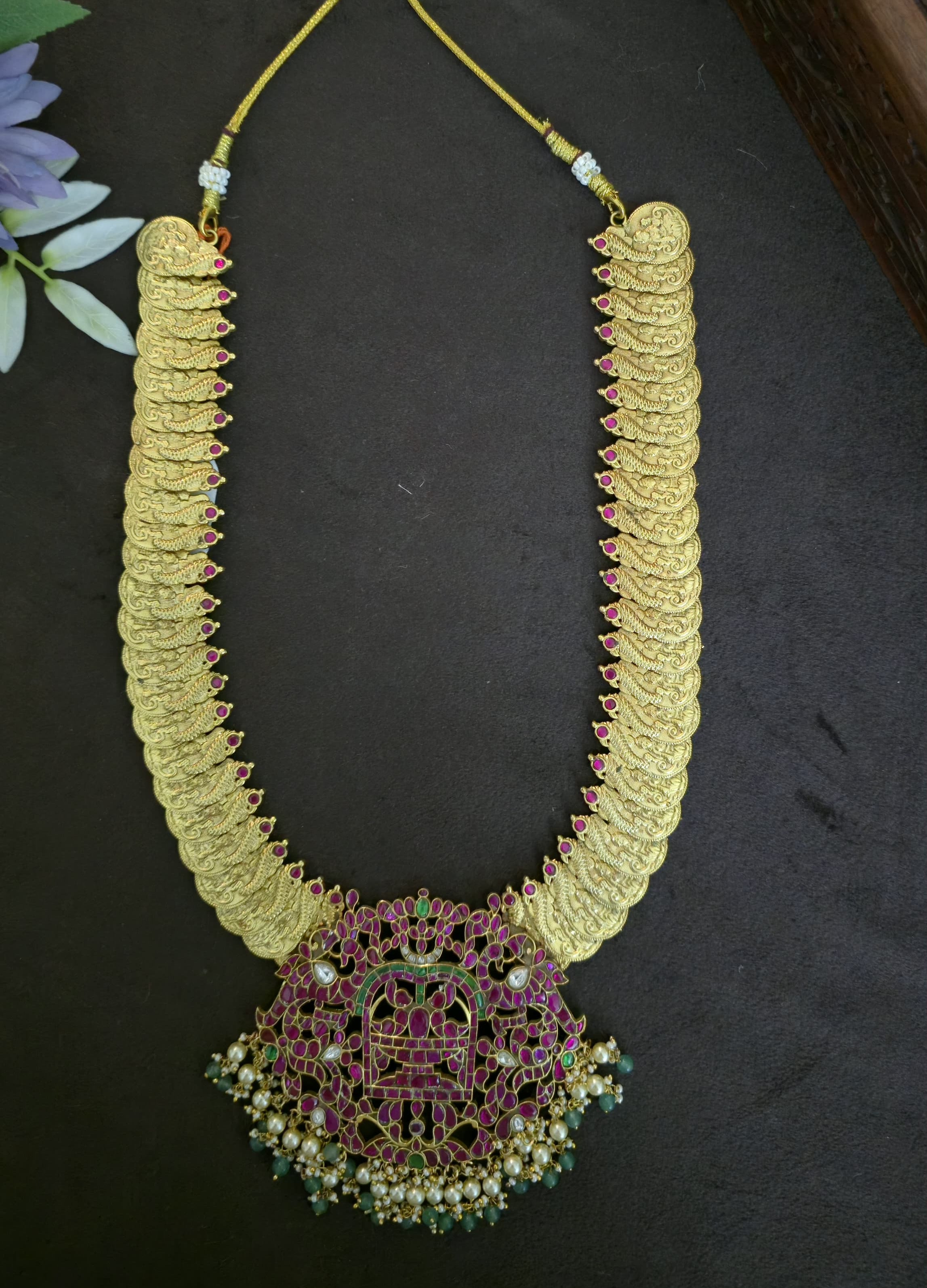 Antique Nakshi Kasu Haram with Big Size Jadu Kundan Locket  - SV3124